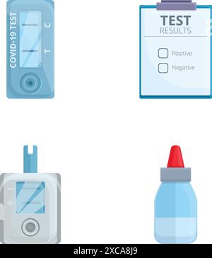 Les icônes de test sanguin définissent le vecteur de dessin animé. EQUIPEMENT pour analyses sanguines. Concept de santé Illustration de Vecteur