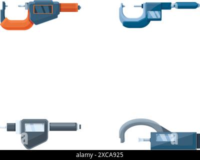 Les icônes de micromètre définissent le vecteur de dessin animé. Micromètre numérique de laboratoire moderne. Outil de précision numérique Illustration de Vecteur