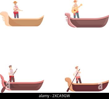 Les icônes de Gondolier définissent le vecteur de dessin animé. Bateau italien avec gondolier. Voyage en Europe Illustration de Vecteur