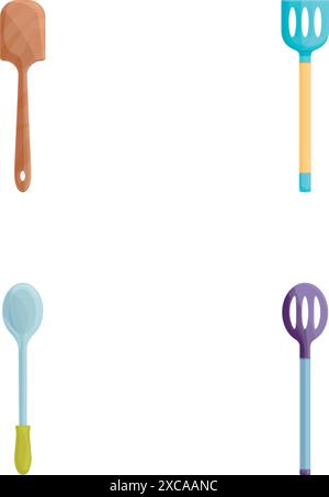 Les icônes de cuillère à fentes définissent le vecteur de dessin animé. Spatule de cuisine de formes diverses. Ustensiles de cuisine Illustration de Vecteur