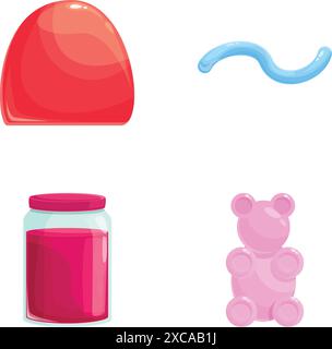 Diverses icônes de gelée définissent le vecteur de dessin animé. Bonbons gélifiés et gelés colorés. Nourriture sucrée, dessert Illustration de Vecteur