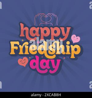 Happy Friendship Day illustration vectorielle colorée de typographie avec des coeurs mignons et des éléments d'amitié sur un fond bleu. Affiche du jour de l'amitié, Ban Illustration de Vecteur