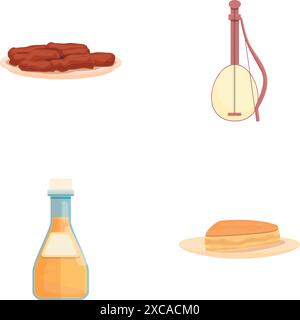 Icônes de la culture albanaise définir vecteur de dessin animé. Symbole culturel de l'albanie. Pays européen Illustration de Vecteur