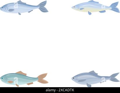 Les icônes de poisson définissent le vecteur de dessin animé. Poisson comestible frais cru de bande dessinée. Fruits de mer Illustration de Vecteur