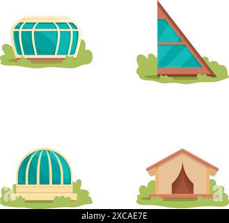 Les icônes de glamping modernes définissent le vecteur de dessin animé. Diverses tente de glamping confortable. Voyage, repos et aventure Illustration de Vecteur