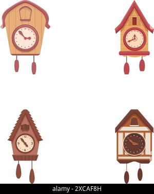 Collection de quatre horloges à coucou de style cartoonthique différentes avec une sensation vintage, isolées sur fond blanc Illustration de Vecteur