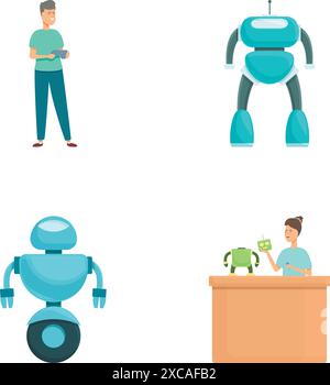 Une collection d'illustrations mettant en scène des humains et des robots dans diverses interactions Illustration de Vecteur