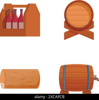 Ensemble vectoriel de barils en bois et un transporteur avec des bouteilles adaptées aux icônes ou aux logos Illustration de Vecteur