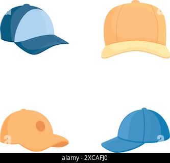 Collection de quatre chapeaux de baseball dans différentes couleurs et angles, illustration vectorielle Illustration de Vecteur