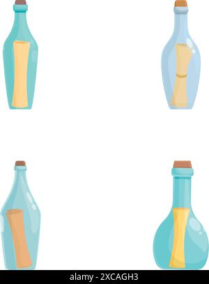 Illustration de quatre bouteilles en verre avec différentes boissons colorées, isolées sur blanc Illustration de Vecteur