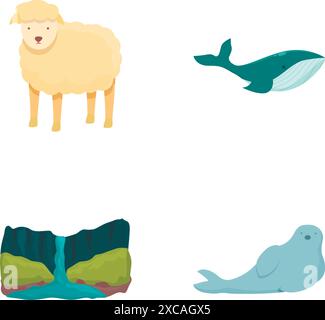 Charmant ensemble de quatre animaux mignons et illustrations de la nature, y compris un mouton, une baleine, une cascade et un phoque Illustration de Vecteur