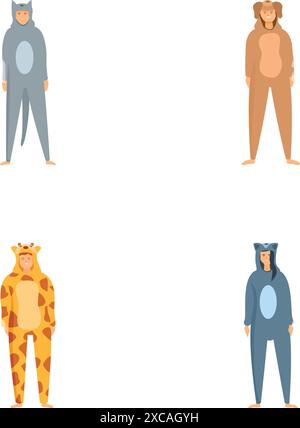 Collection de quatre illustrations représentant des personnes dans de mignons onesies animales, isolées sur blanc Illustration de Vecteur