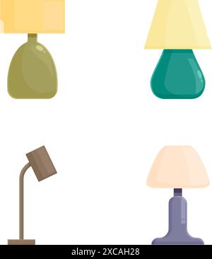 Collection de quatre lampes de table assorties avec différentes nuances et bases, isolées sur un fond blanc Illustration de Vecteur