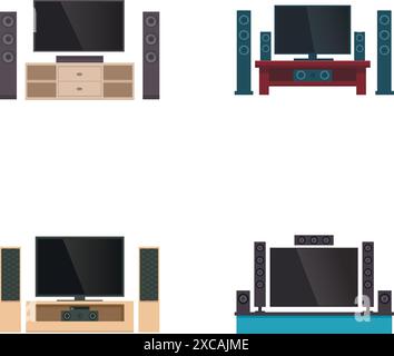 Ensemble de quatre illustrations vectorielles présentant divers styles de systèmes Home Entertainment avec téléviseurs et enceintes Illustration de Vecteur