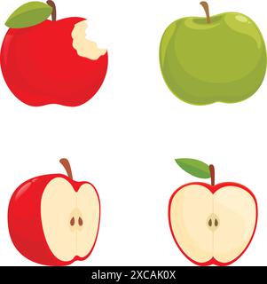 Collection de quatre graphiques de pomme représentant des pommes entières, mordues et tranchées Illustration de Vecteur