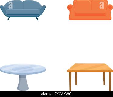 Illustration vectorielle d'icônes de meubles avec un canapé bleu, un canapé orange, une table ronde et une table en bois Illustration de Vecteur