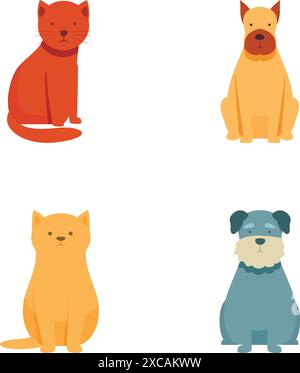 Collection de quatre adorables animaux de dessins animés, y compris des chats et des chiens, dans un style minimaliste Illustration de Vecteur