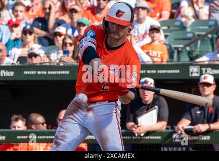 Baltimore, États-Unis. 15 juin 2024. BALTIMORE, MD - 15 JUIN : Gunnar Henderson (2), arrêt court des Orioles de Baltimore, lors d'un match MLB entre les Orioles de Baltimore et les Phillies de Philadelphie, le 15 juin 2024, à Orioles Park à Camden Yards, à Baltimore, Maryland. (Photo de Tony Quinn/SipaUSA) crédit : Sipa USA/Alamy Live News Banque D'Images