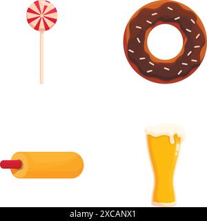 Illustration graphique d'une sucette, beignet, hot dog et tasse de bière, isolé sur blanc Illustration de Vecteur