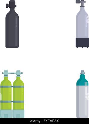 Collection de quatre bouteilles d'eau sur un fond blanc, présentant différents designs et couleurs Illustration de Vecteur