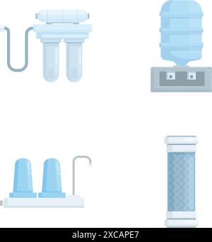 Collection de quatre icônes plates illustrant différents types de systèmes de filtration d'eau Illustration de Vecteur