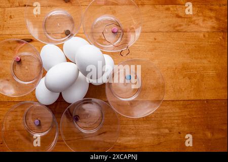 Une pile d'œufs durs blancs entourée de gobelets en plastique transparent contenant chacun un comprimé de colorant d'œuf non dissous. Banque D'Images
