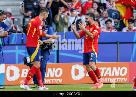 Berlin, Allemagne. 15 juin 2024. Alvaro Morata et Dani Carvajal (Espagne) vus en action lors du match UEFA Euro 2024 entre les équipes nationales d'Espagne et de Croatie à l'Olympiastadion. Scores finaux Espagne 3:0 Croatie. (Photo de Maciej Rogowski/SOPA images/Sipa USA) crédit : Sipa USA/Alamy Live News Banque D'Images