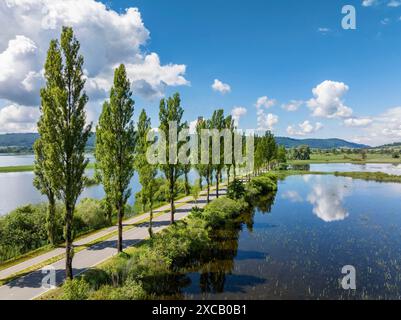 Vue aérienne du Mooser Damm avec l'avenue du peuplier sur la partie ouest du lac de Constance. Le barrage relie la ville et les environs de Banque D'Images