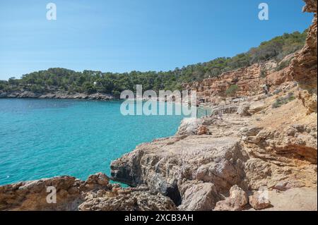 Eaux turquoise de Cala Saladeta à Ibiza en été. Banque D'Images