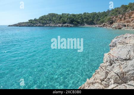 Eaux turquoise de Cala Saladeta à Ibiza en été. Banque D'Images