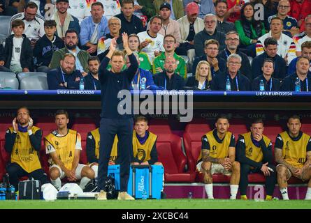 Oliver Baumann, DFB 12, Thomas Müller, Mueller, DFB 13 Maximilian Beier, DFB 14 Robin Koch, DFB 24 Marc-Andre ter STEGEN, DFB 22 David Raum, DFB 3 DFB Headcoach Julian Nagelsmann , Bundestrainer, Nationaltrainer, Franziska Wülle, Pressesprecherin DFB team, Uli Voigt, responsable des médias de DFB, dans le match de la phase de groupes ALLEMAGNE - ÉCOSSE 5-1 des Championnats d'Europe de l'UEFA 2024 le 14 juin 2024 à Munich, Allemagne. Photographe : Peter Schatz Banque D'Images