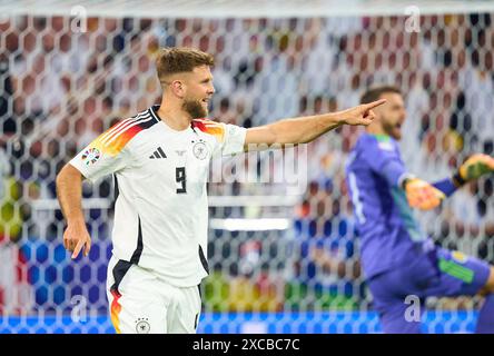 Niclas Füllkrug, DFB 9 célèbre son but hors jeu, heureux, rire, célébration, dans le match de phase de groupes ALLEMAGNE - ECOSSE 5-1 des Championnats d'Europe de l'UEFA 2024 le 14 juin 2024 à Munich, Allemagne. Photographe : Peter Schatz Banque D'Images