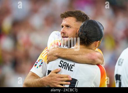 Niclas Füllkrug, DFB 9 célèbre son but 4-0, heureux, rire, célébration, avec Leroy SANE, DFB 19 dans le match de la phase de groupes ALLEMAGNE - ECOSSE 5-1 des Championnats d'Europe de l'UEFA 2024 le 14 juin 2024 à Munich, Allemagne. Photographe : Peter Schatz Banque D'Images