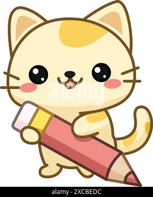Chat chaton heureux tenant un grand crayon Illustration de Vecteur