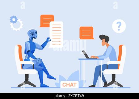 Conversation utilisateur et chat bot, chatgpt, service d'assistance numérique. Minuscule homme assis au bureau de l'ordinateur pour taper du texte et discuter des questions, robot tenant des bulles de parole de réponses illustration vectorielle de dessin animé Illustration de Vecteur