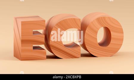 Alphabet 3d, forme de lettres faite par le bois sur fond clair, rendu 3d, signe ECO concept de conception drôle Banque D'Images