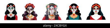 Ensemble de femmes avec Day of the Dead maquillage. Femelles avec peinture de visage de crâne de sucre. Isolé sur fond blanc. Concept de Dia de los Muertos, Cu. Mexicain Illustration de Vecteur