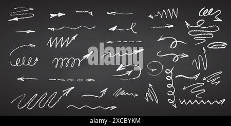 Main crayon fusain dessinant des flèches bouclées, swashes, swoops, swooshes, gribouillages et squiggles éléments de craie blanche sur tableau noir grunge craie Illustration de Vecteur