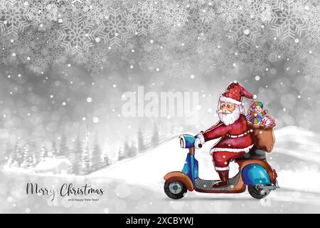 Beau paysage de noël en hiver avec le père noël sur un fond de scooter Illustration de Vecteur