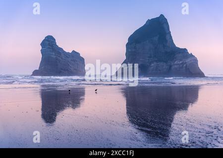 Beau paysage de lever de soleil sur la plage de Wharariki avec montagne rocheuse emblématique dans les îles Archway à Cape Farewell, Nouvelle-Zélande Banque D'Images