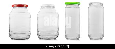 Collection de bocaux en verre pour la nourriture et la conservation isolé sur fond blanc. Le fichier contient un chemin de détourage. Banque D'Images