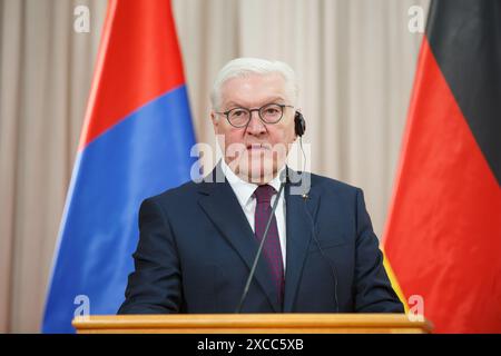 Oulan-Bator, Mongolie. 7 février 2024. Président de l'allemand Frank-Walter Steinmeier lors d'une conférence de presse sa visite en Mongolie. Crédit : Enkh-Orgil. Banque D'Images