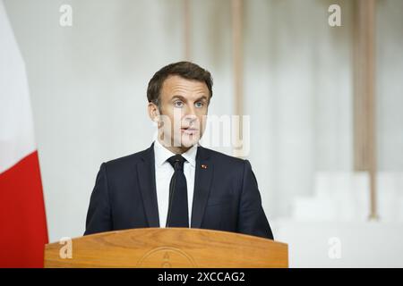 Oulan-Bator, Mongolie. 21 mai 2023. Emmanuel Macron effectue la première visite présidentielle française en Mongolie. Il parle lors d'une conférence de presse. Credi Banque D'Images