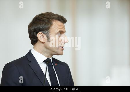 Oulan-Bator, Mongolie. 21 mai 2023. Emmanuel Macron effectue la première visite présidentielle française en Mongolie. Il parle lors d'une conférence de presse. Credi Banque D'Images