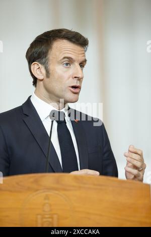 Oulan-Bator, Mongolie. 21 mai 2023. Emmanuel Macron effectue la première visite présidentielle française en Mongolie. Il parle lors d'une conférence de presse. Credi Banque D'Images