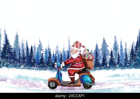 Beau paysage de noël en hiver avec le père noël sur un fond de scooter Illustration de Vecteur