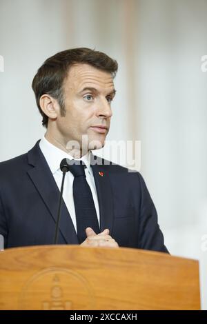 Oulan-Bator, Mongolie. 21 mai 2023. Emmanuel Macron effectue la première visite présidentielle française en Mongolie. Il parle lors d'une conférence de presse. Credi Banque D'Images