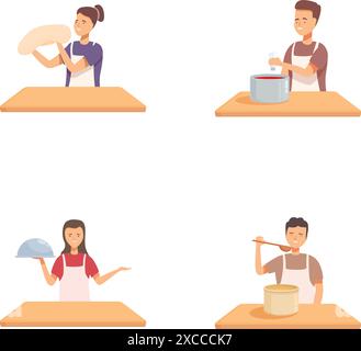 Ensemble de quatre illustrations vectorielles montrant des chefs de dessins animés engagés dans différentes étapes de la préparation des repas Illustration de Vecteur
