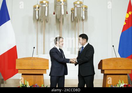 Oulan-Bator, Mongolie. 21 mai 2023. Emmanuel Macron effectue la première visite présidentielle française en Mongolie. Il parle lors d'une conférence de presse. Credi Banque D'Images