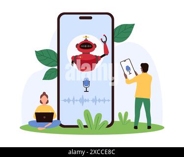 Assistant AI, conversation virtuelle du client et chatbot, réponses aux questions. De minuscules personnes enregistrent un message vocal dans l'application mobile de chat avec robot sur l'écran de smartphone illustration vectorielle de dessin animé Illustration de Vecteur
